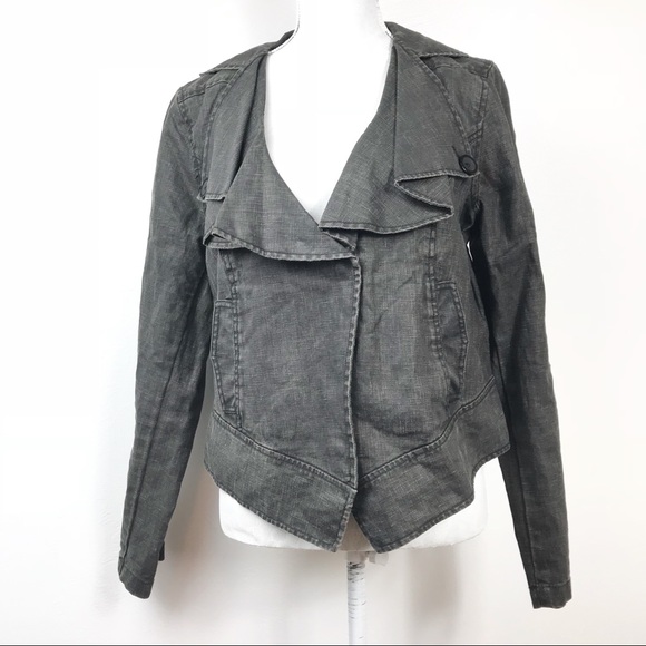 CAbi Jackets & Blazers - CAbi Grey Linen Moto Jacket Ruffle Collar L
